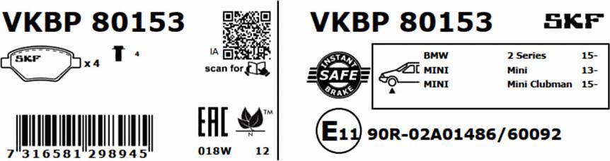 SKF VKBP 80153 - Bremžu uzliku kompl., Disku bremzes www.autospares.lv