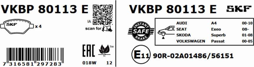 SKF VKBP 80113 E - Brake Pad Set, disc brake www.autospares.lv