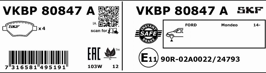 SKF VKBP 80847 A - Bremžu uzliku kompl., Disku bremzes www.autospares.lv