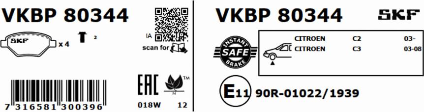 SKF VKBP 80344 - Bremžu uzliku kompl., Disku bremzes www.autospares.lv