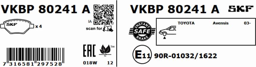 SKF VKBP 80241 A - Bremžu uzliku kompl., Disku bremzes www.autospares.lv