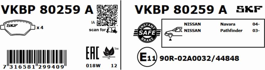 SKF VKBP 80259 A - Bremžu uzliku kompl., Disku bremzes www.autospares.lv