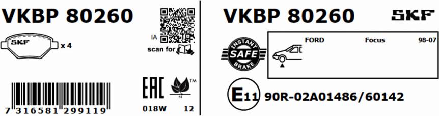 SKF VKBP 80260 - Тормозные колодки, дисковые, комплект www.autospares.lv