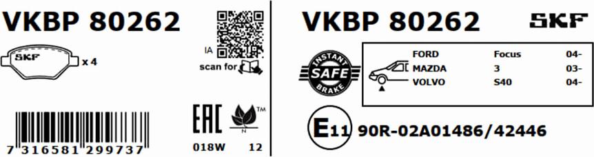 SKF VKBP 80262 - Bremžu uzliku kompl., Disku bremzes www.autospares.lv