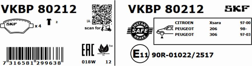 SKF VKBP 80212 - Bremžu uzliku kompl., Disku bremzes www.autospares.lv