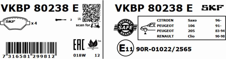 SKF VKBP 80238 E - Bremžu uzliku kompl., Disku bremzes www.autospares.lv