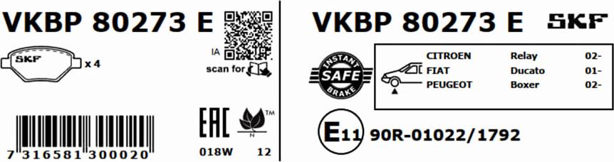 SKF VKBP 80273 E - Bremžu uzliku kompl., Disku bremzes www.autospares.lv