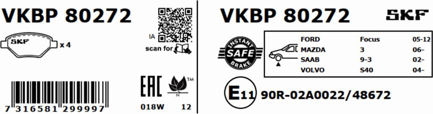 SKF VKBP 80272 - Bremžu uzliku kompl., Disku bremzes www.autospares.lv