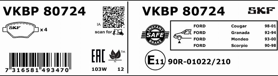 SKF VKBP 80724 - Bremžu uzliku kompl., Disku bremzes www.autospares.lv