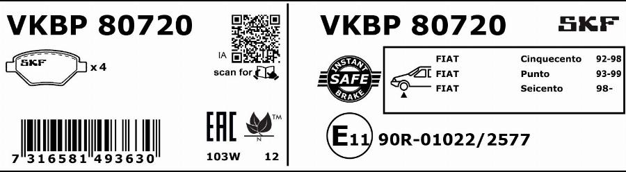 SKF VKBP 80720 - Bremžu uzliku kompl., Disku bremzes www.autospares.lv