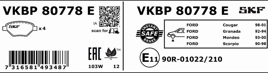 SKF VKBP 80778 E - Bremžu uzliku kompl., Disku bremzes www.autospares.lv