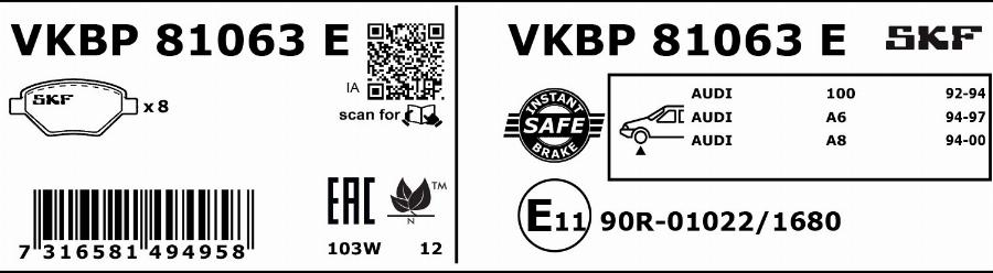 SKF VKBP 81063 E - Brake Pad Set, disc brake www.autospares.lv