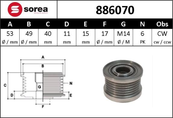 SNRA 886070 - Piedziņas skriemelis, Ģenerators www.autospares.lv