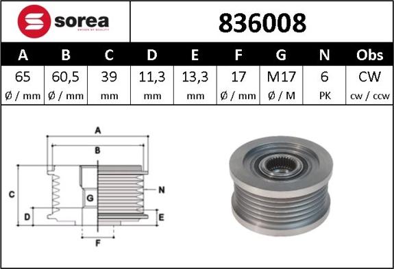 SNRA 836008 - Шкив генератора, муфта www.autospares.lv