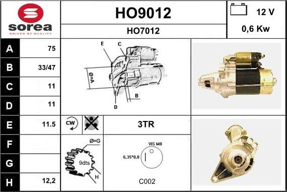 SNRA HO9012 - Starteris autospares.lv