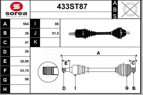 STARTCAR 433ST87 - Piedziņas vārpsta www.autospares.lv