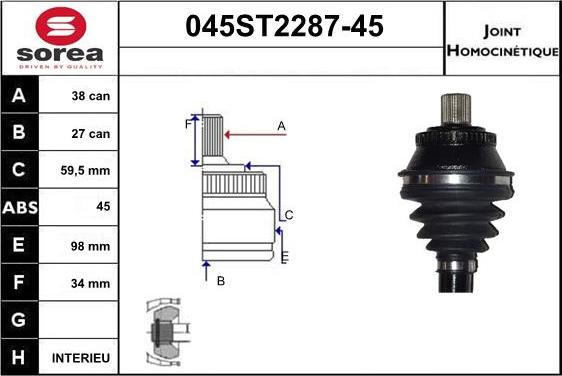 STARTCAR 045ST2287-45 - Шарнирный комплект, ШРУС, приводной вал www.autospares.lv