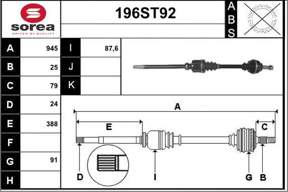 STARTCAR 196ST92 - Piedziņas vārpsta www.autospares.lv