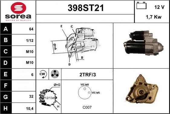 STARTCAR 398ST21 - Starter www.autospares.lv