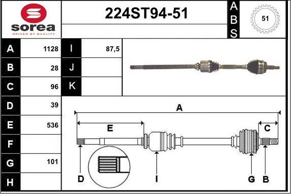 STARTCAR 224ST94-51 - Piedziņas vārpsta www.autospares.lv