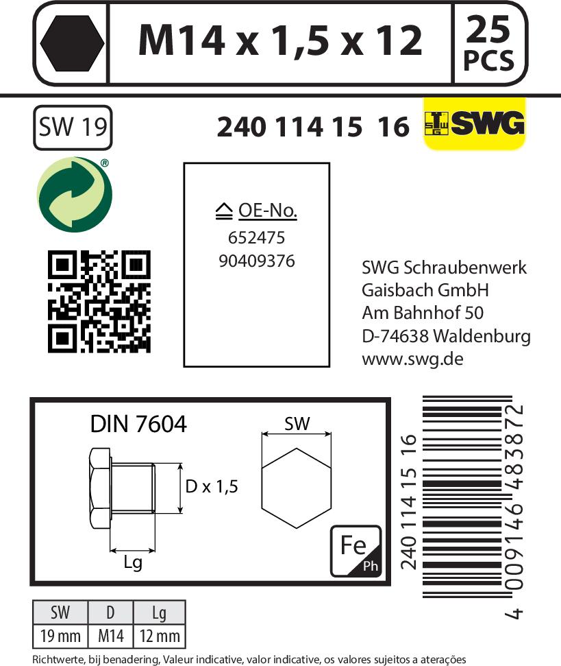 SWGAutomotive 240 114 15  16 - Korķis, Eļļas vācele www.autospares.lv