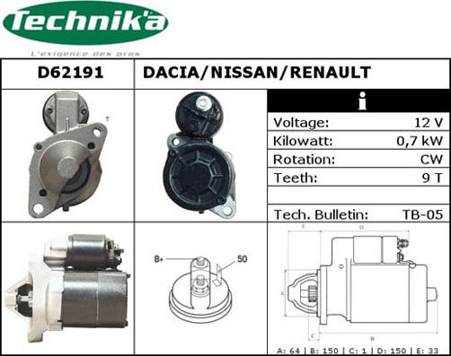 Technika D62191 - Стартер www.autospares.lv