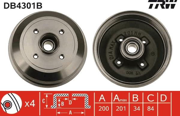 TRW DB4301B - Bremžu trumulis www.autospares.lv