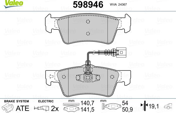 Valeo 598946 - Brake Pad Set, disc brake www.autospares.lv