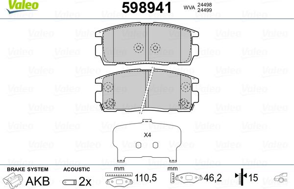 Valeo 598941 - Тормозные колодки, дисковые, комплект www.autospares.lv