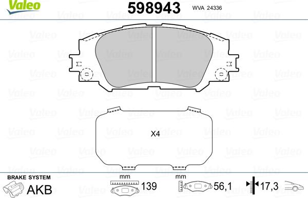 Valeo 598943 - Brake Pad Set, disc brake www.autospares.lv