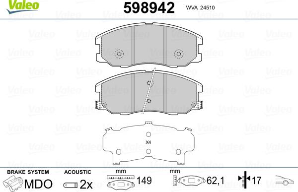 Valeo 598942 - Тормозные колодки, дисковые, комплект www.autospares.lv