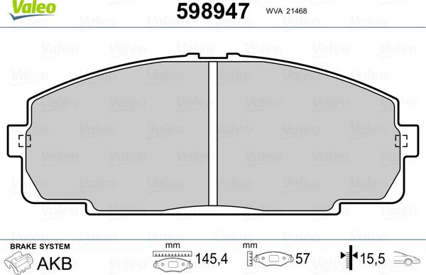 Valeo 598947 - Brake Pad Set, disc brake www.autospares.lv