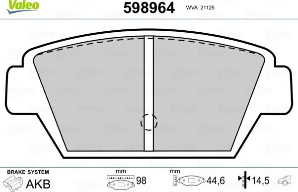 Valeo 598964 - Тормозные колодки, дисковые, комплект www.autospares.lv