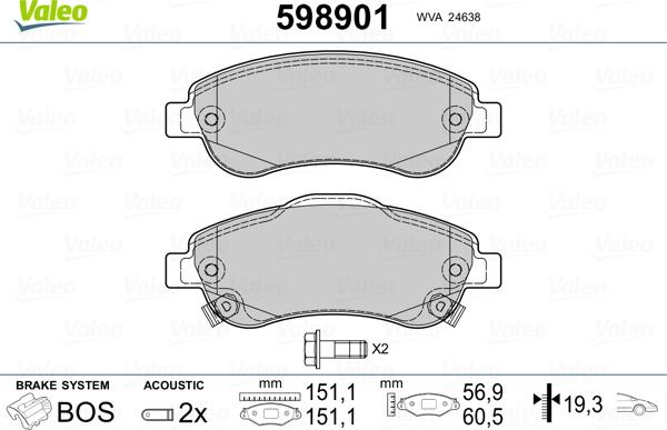 Valeo 598901 - Brake Pad Set, disc brake www.autospares.lv