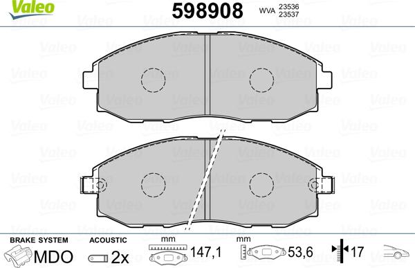 Valeo 598908 - Bremžu uzliku kompl., Disku bremzes www.autospares.lv