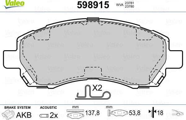 Valeo 598915 - Brake Pad Set, disc brake www.autospares.lv