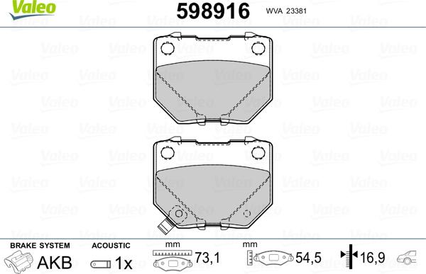 Valeo 598916 - Brake Pad Set, disc brake www.autospares.lv