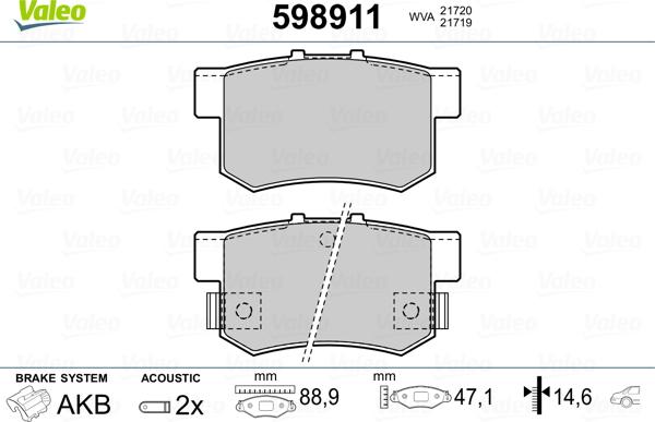 Valeo 598911 - Тормозные колодки, дисковые, комплект www.autospares.lv