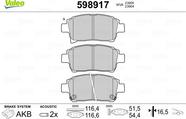 Valeo 598917 - Brake Pad Set, disc brake www.autospares.lv