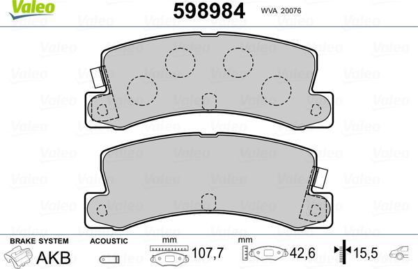 Valeo 598984 - Brake Pad Set, disc brake www.autospares.lv