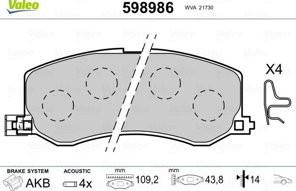 Valeo 598986 - Тормозные колодки, дисковые, комплект www.autospares.lv