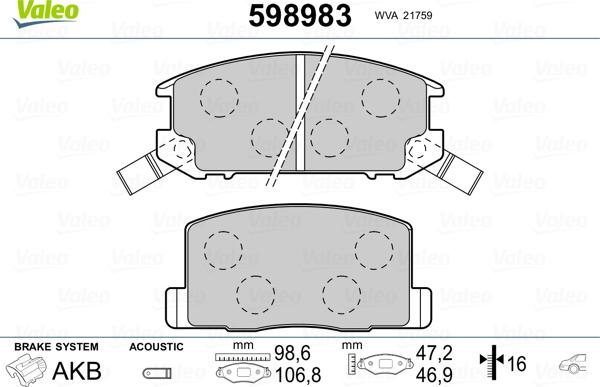 Valeo 598983 - Brake Pad Set, disc brake www.autospares.lv