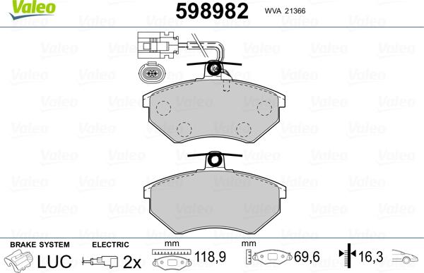 Valeo 598982 - Brake Pad Set, disc brake www.autospares.lv