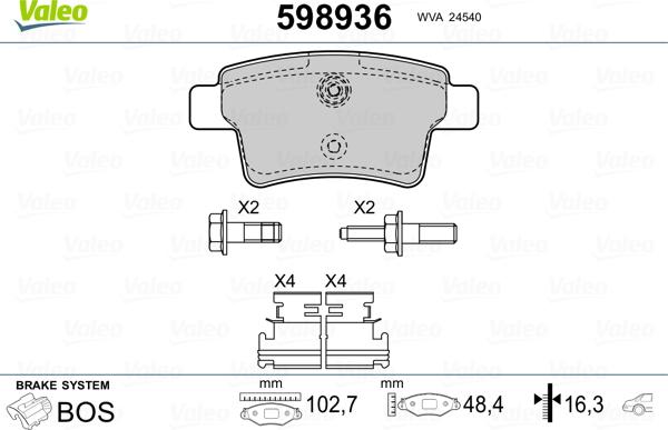 Valeo 598936 - Bremžu uzliku kompl., Disku bremzes www.autospares.lv