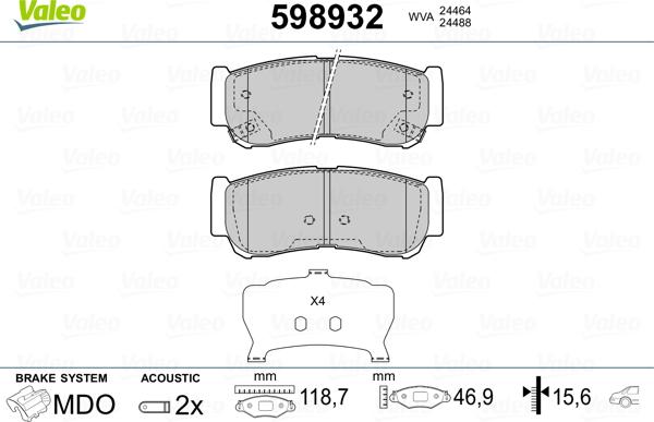 Valeo 598932 - Brake Pad Set, disc brake www.autospares.lv