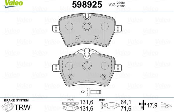 Valeo 598925 - Bremžu uzliku kompl., Disku bremzes www.autospares.lv