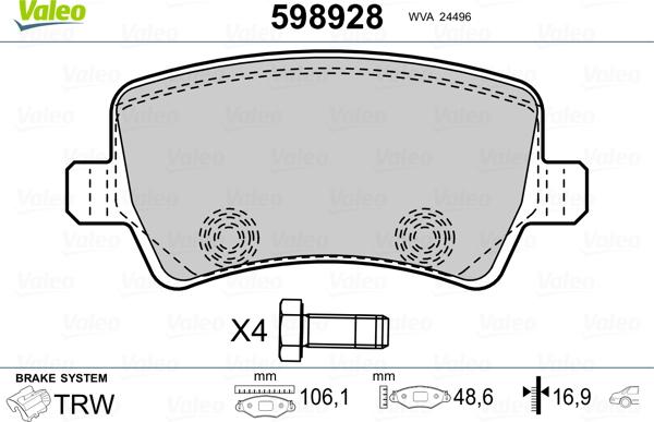 Valeo 598928 - Тормозные колодки, дисковые, комплект www.autospares.lv