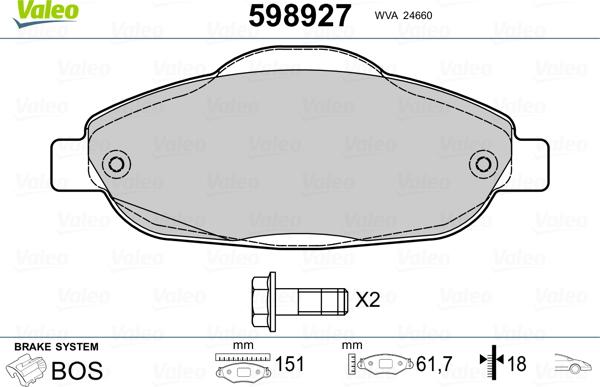 Valeo 598927 - Bremžu uzliku kompl., Disku bremzes autospares.lv