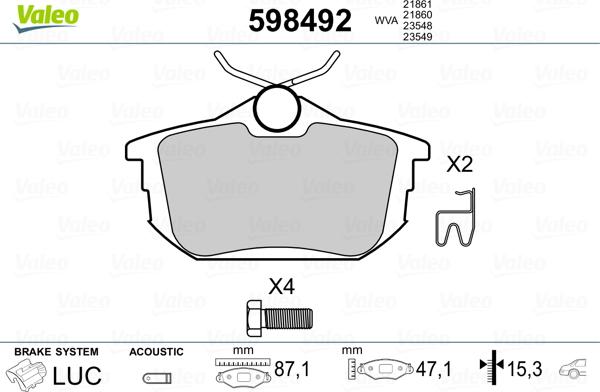 Valeo 598492 - Brake Pad Set, disc brake www.autospares.lv