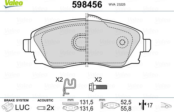 Valeo 598456 - Brake Pad Set, disc brake www.autospares.lv